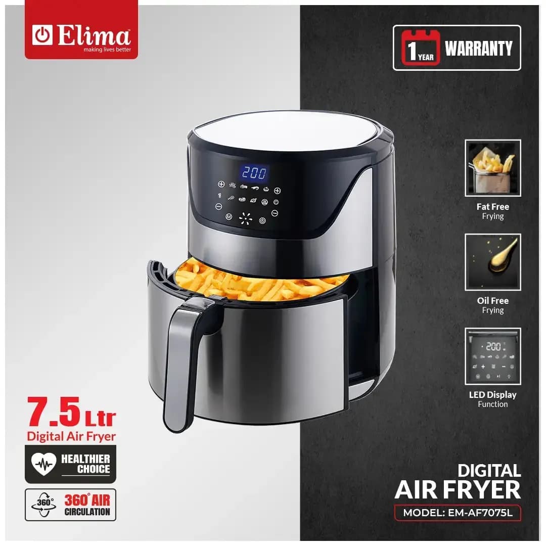 EM-AF7075L 7.5L Digital Air Fryer- 360° Heating LED Touch Display