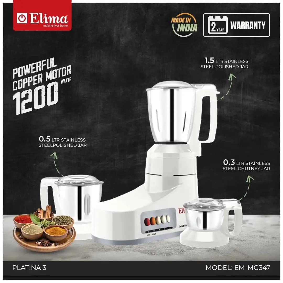 EM-MG347-Platina 3 1200W Mixer Grinder with 3 Jars