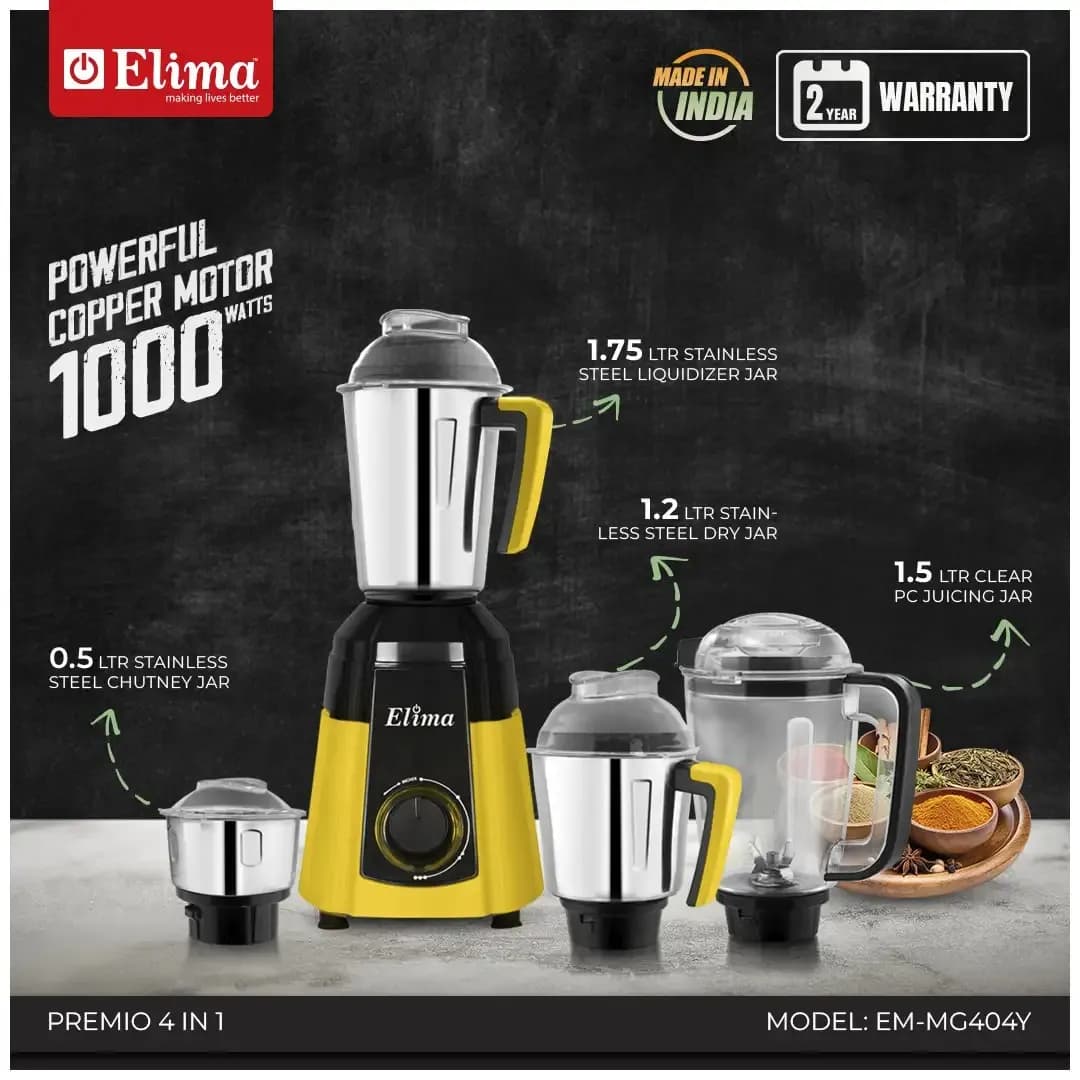 EM-MG404Y- Premio 4 1000W Mixer Grinder with 4 Jars