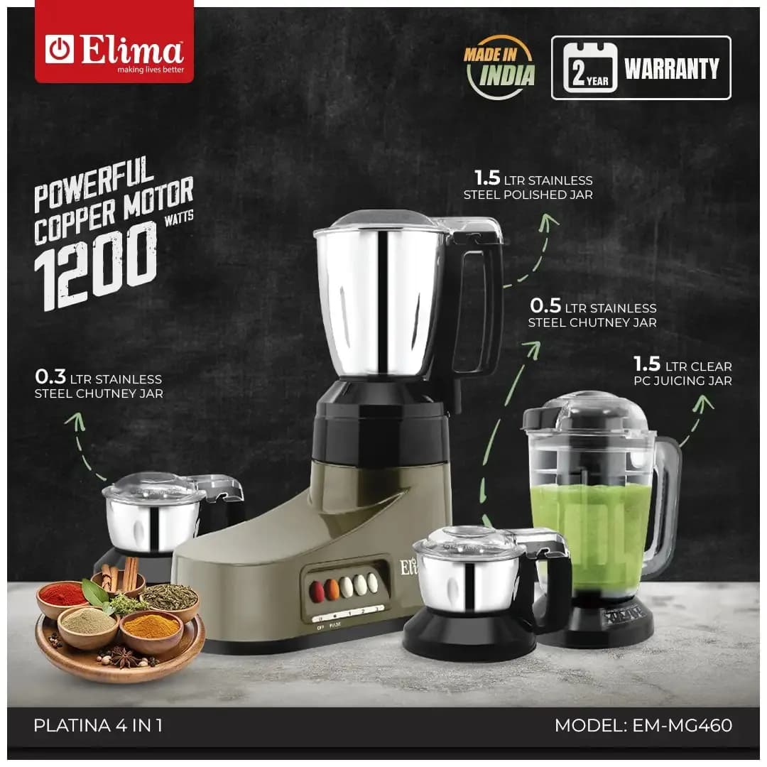 EM-MG460-Platina 4 1200W Mixer Grinder with 4 Jars
