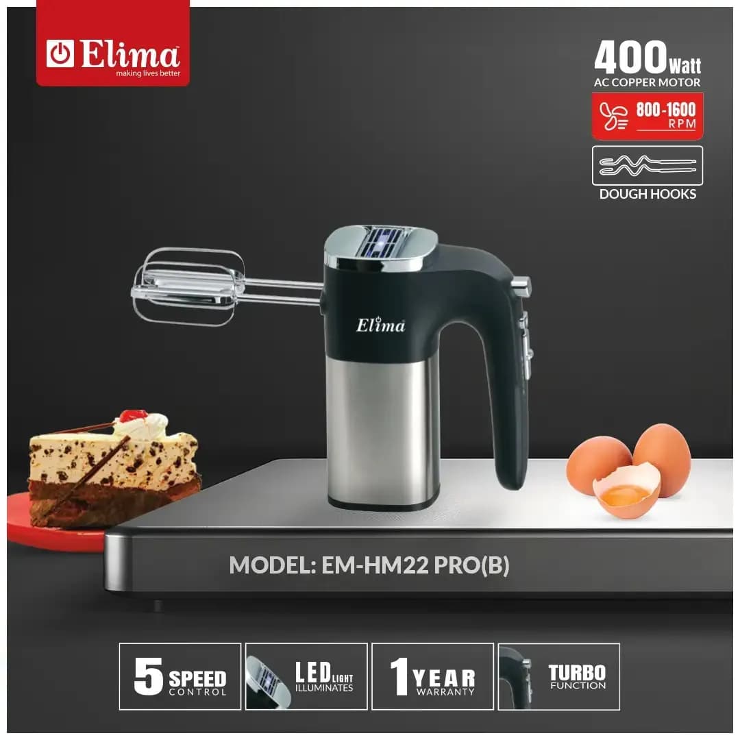 EM-HM22 PRO(B) PRO- Egg Beater- 400W Powerful Hand Mixer with 5 Speed Control & Stainless Steel Beaters
