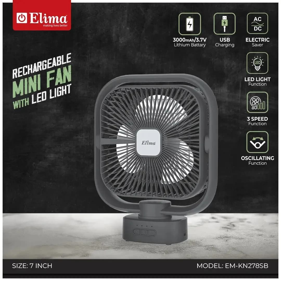Rechargeable 7-Inch Mini Fan EM-KN278SB 3000mAh Battery, AC/DC, USB Charging, LED Light, 3-Speed Control