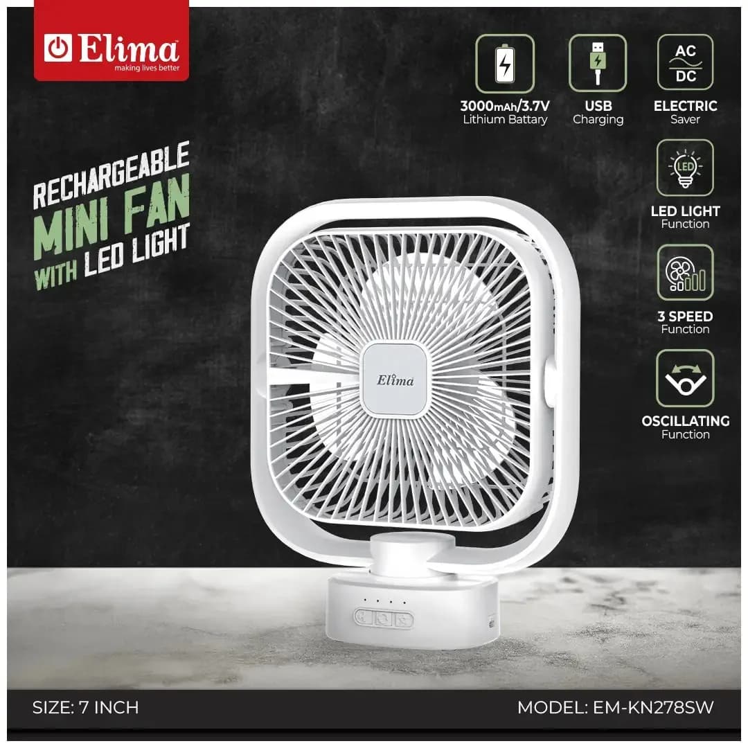Rechargeable 7-Inch Mini Fan EM-KN278SW 3000mAh Battery, AC/DC, USB Charging, LED Light, 3-Speed Control