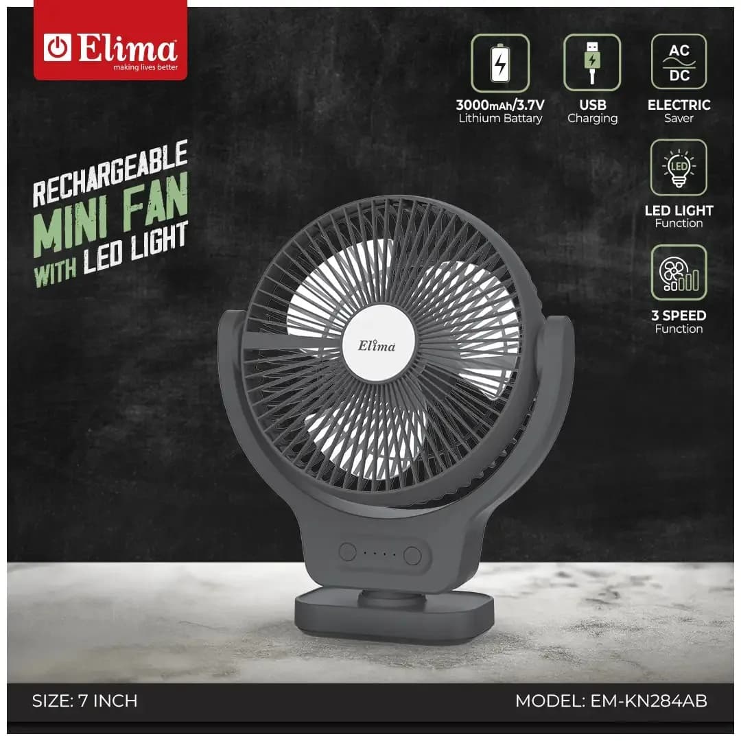 Rechargeable7-Inch Mini Fan EM-KN284AB 3000mAh Battery, AC/DC, USB Charging, LED Light, 3-Speed Control