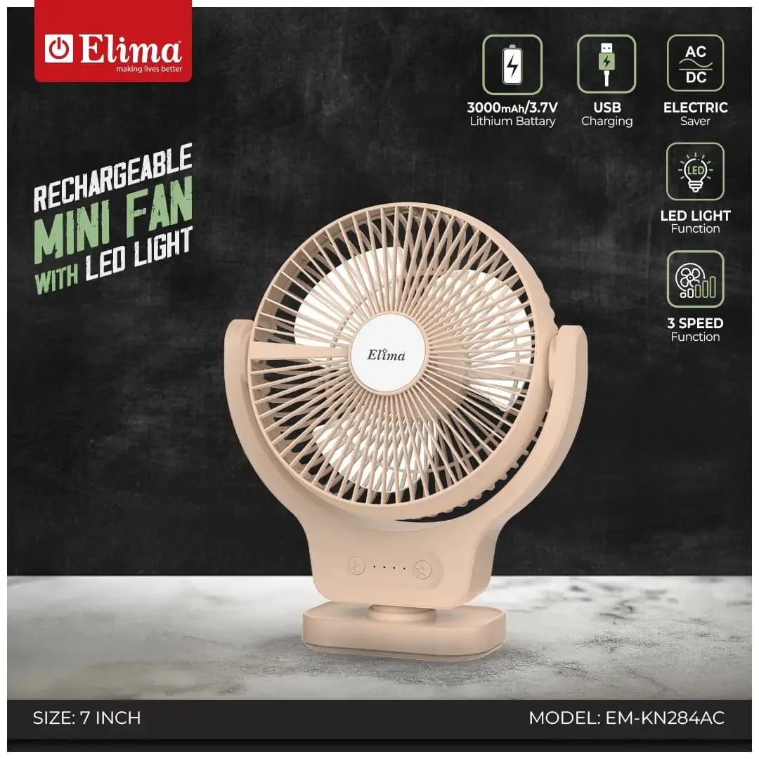 Rechargeable7-Inch Mini Fan EM-KN284AC- 3000mAh Battery, AC/DC, USB Charging, LED Light, 3-Speed Control
