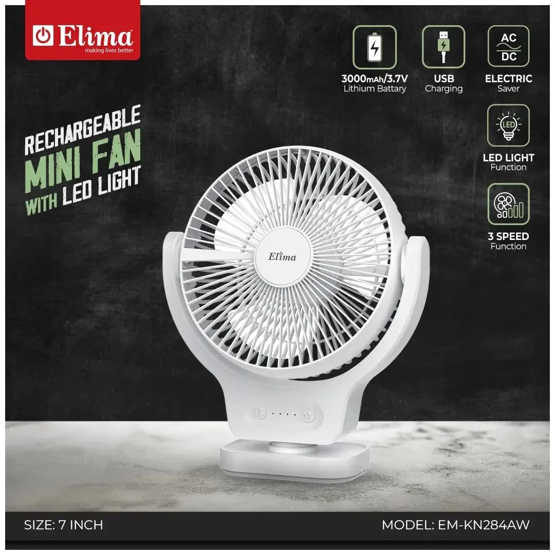 Rechargeable 7-Inch Mini Fan EM-KN284AW- 3000mAh Battery, AC/DC, USB Charging, LED Light, 3-Speed Control