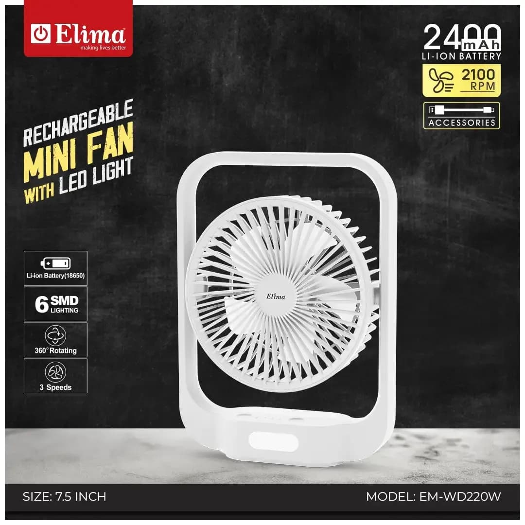 EM-WD220W Rechargeable Fan- 2400mAh Li-ion Battery | 7.5 Inch 48 SMD Light | 360° Rotating Portable Table Fan