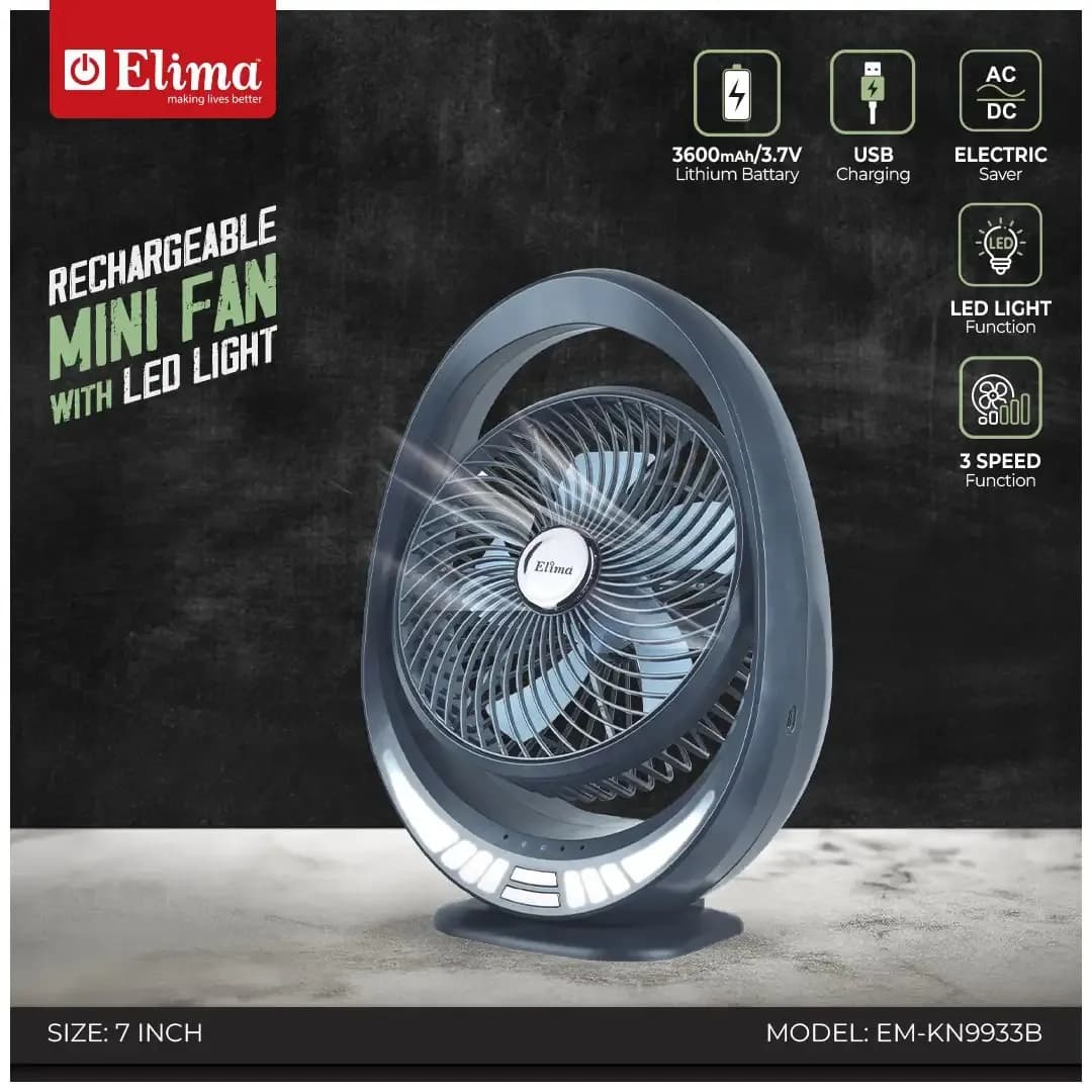 EM-KN9933B Rechargeable 7 Inch Mini Fan with LED | Portable & Long Backup
