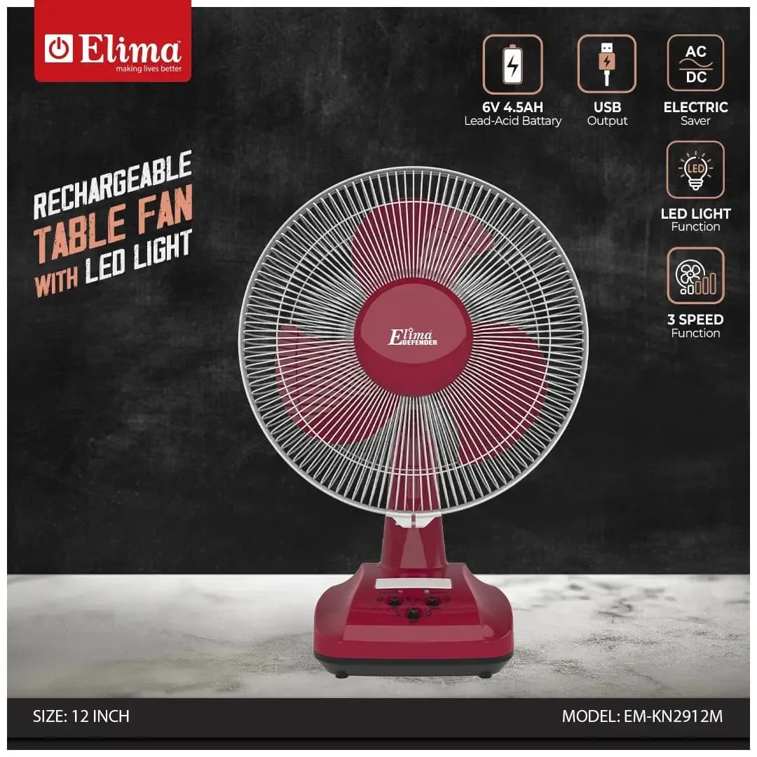 EM-KN2912M Rechargeable 12-Inch Table Fan with LED | 6V 7.0Ah Battery | AC/DC | Long Backup Air Circulation Fan