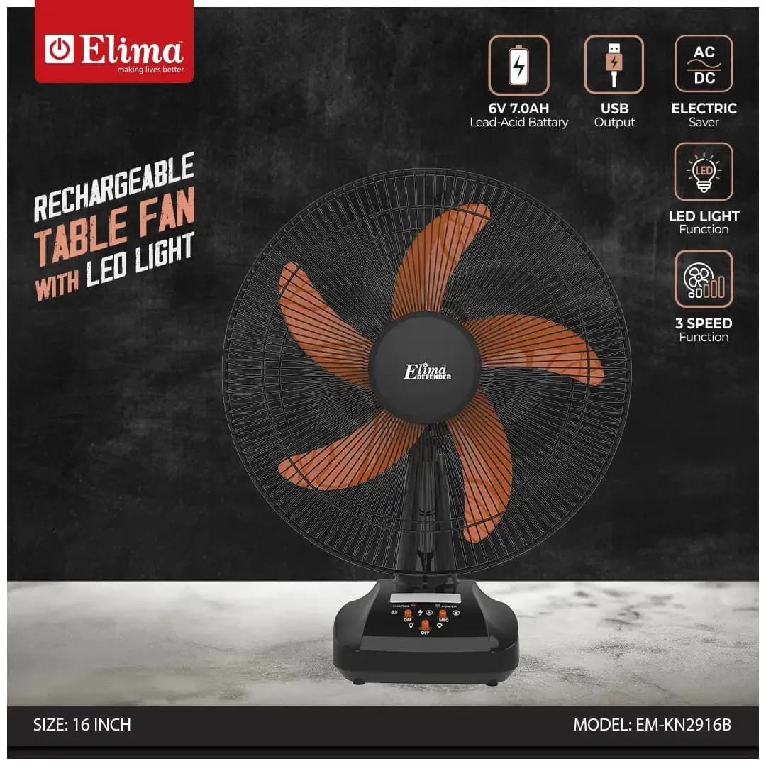 EM-KN2916B Rechargeable 16-Inch Table Fan with LED | 6V 7.0Ah Battery | AC/DC | Long Backup Air Circulation Fan