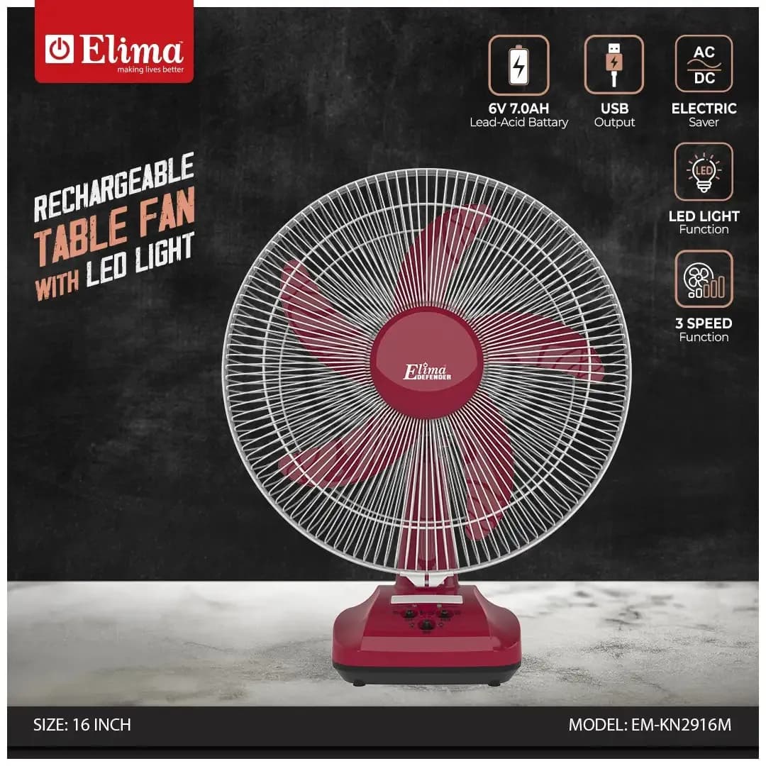 EM-KN2916M Rechargeable 16-Inch Table Fan with LED | 6V 7.0Ah Battery | AC/DC | Long Backup Air Circulation Fan