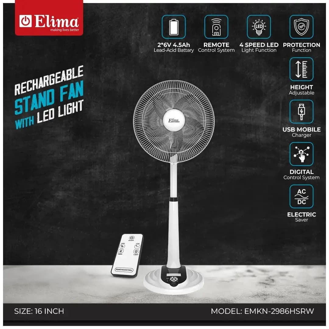 EMKN-2986HSRW Rechargeable Stand Fan with LED Light – Long Battery Backup & Powerful Airflow for Home & Office