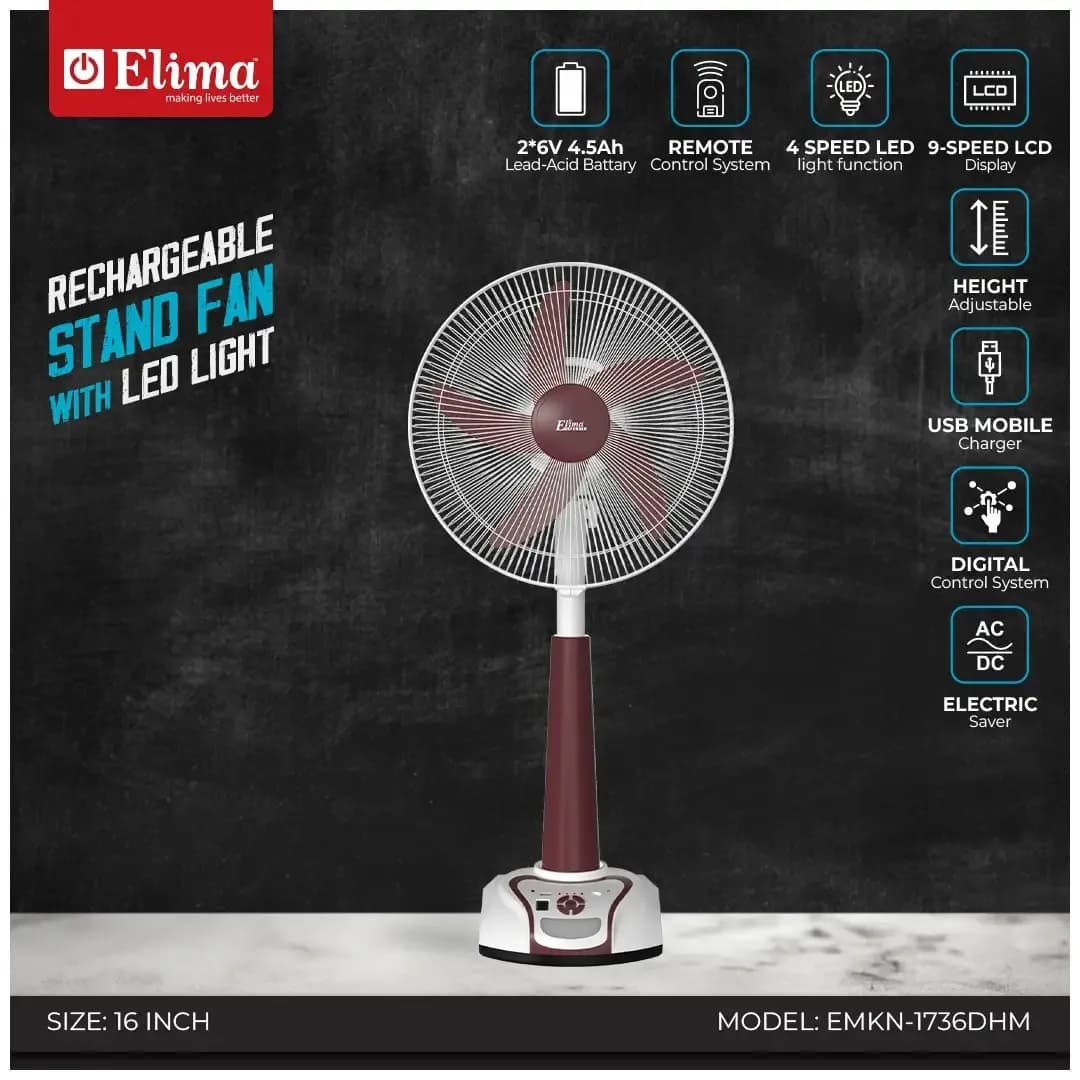 EMKN-1736DHM Rechargeable Stand Fan with LED Light | Long Backup & Powerful Airflow